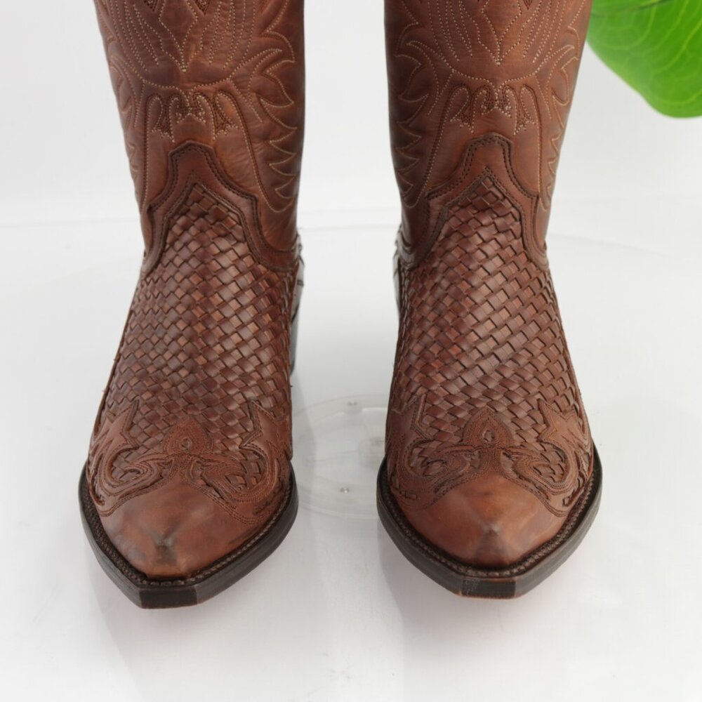 Sendra Mens Cowboy Boots Size 7 Brown Leather Embroidered Woven Snip Toe Western - Picture 3 of 16
